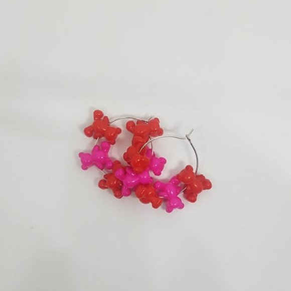 Y2K Red and Pink Gummy Bear Beaded Hoop Earrings - Picture 3 of 4